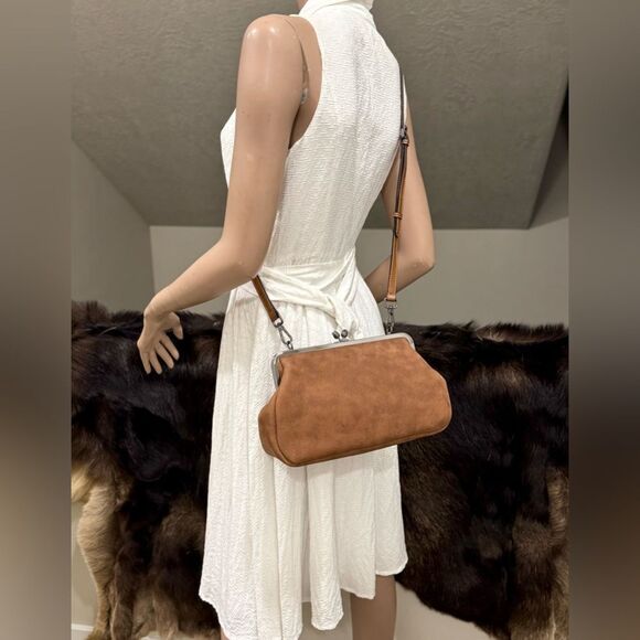 Brown Nubuck Cowhide Handmade “Tulip” Shaped Kisslock Handbag & 2 Strap Styles - Picture 4 of 15